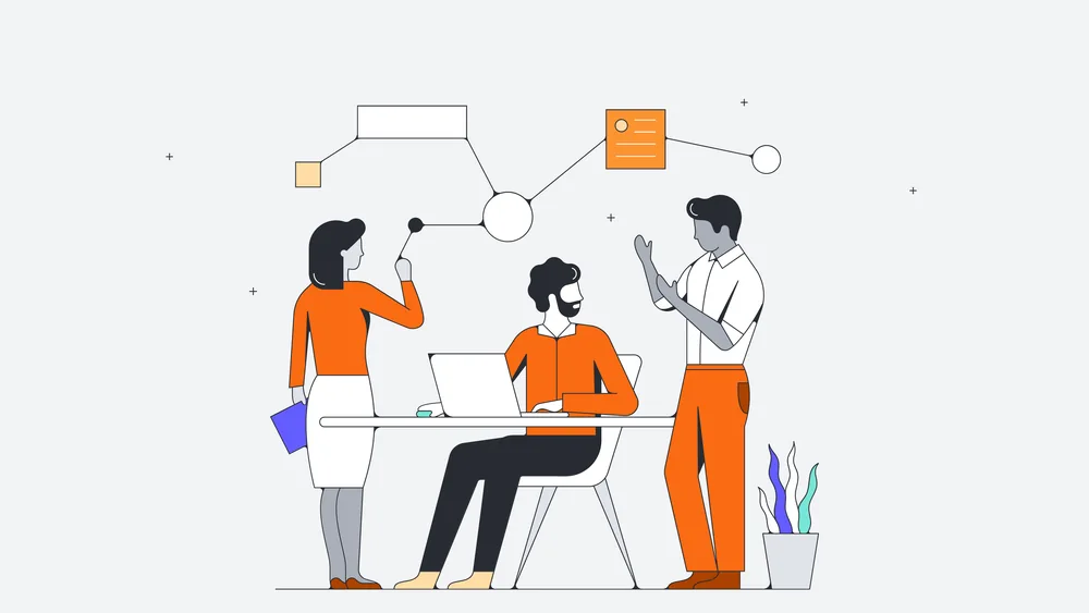 Illustration of a team working together around connected information
